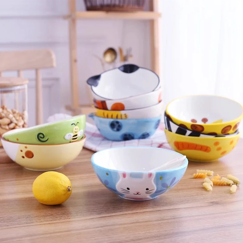 Мультяшная керамическая миска набор ложек детская посуда семейная для риса и