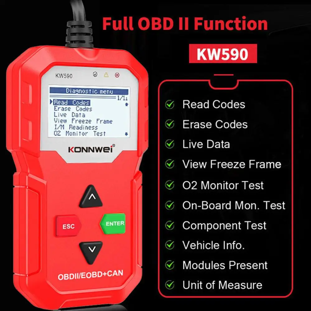 

1Pcs KONNWEI KW590 Professional OBD2 Scanner Auto Code Reader Diagnostic Check Engine Light Scan Tool for OBD II Cars After 1996