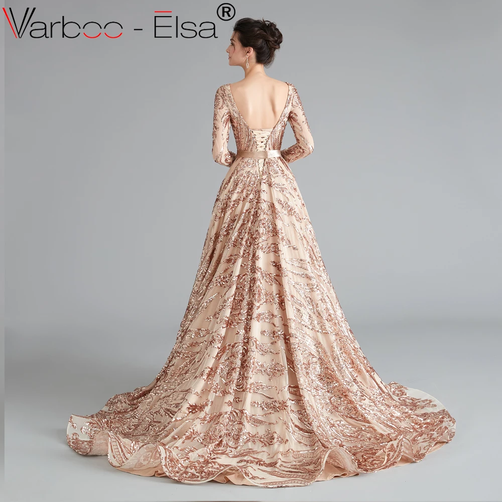 VARBOO_ELSA Формальные Вечерние платья цвета шампана Длинные Сексуальные с открытой спиной расшитые блестками А-силуэта вечерние платья длиной до пола женское платье длинное