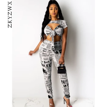 

ZKYZWX Sexy Newspaper 2 Piece Set Women New Summer Festival Clothing Crop Top and Pant Suit Two Piece Club Outfits Matching Sets