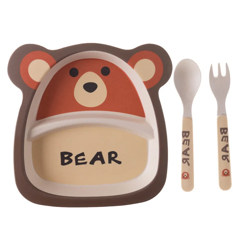 Cartoon brown bear Набор из 3 столовых приборов из бамбукового волокна для детей, набор из вилок и ложек для здоровых детей, набор столовых приборов с милым рисунком, набор детского питания - Цвет: Cartoon brown bear