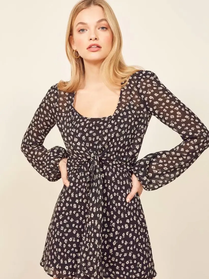 

Europe And America Summer New Style Slim Fit French Printed Can Be Worn Alone Strapped Dress Long Sleeve Outdoor Dress WOMEN'S S