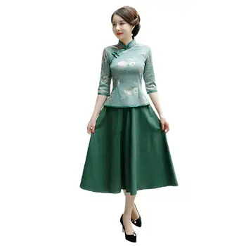 

Shanghai Story Chinese Traditional Clothing Set Suede Chinese Cheongsam Top + Skirt 2 Color