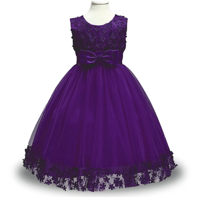 Dark purple Детское длинное праздничное платье, платье с цветочным узором для девочек на свадьбу, платье принцессы с вышивкой для первого причастия, Детский костюм, одежда - Цвет: Dark purple