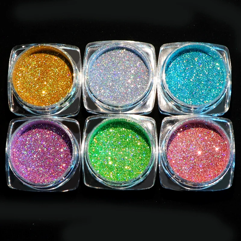 6Pcs 0.1MM Holographic Glitter Powder For Nails Laser Colorful Bulk