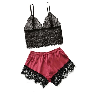 

2020 Lace Trim Satin Cami Top Sexy Lingerie Pyjamas Set Women V Neck Sleeveless Strap Pajama Sets Summer Women Bow Sleepwear Set