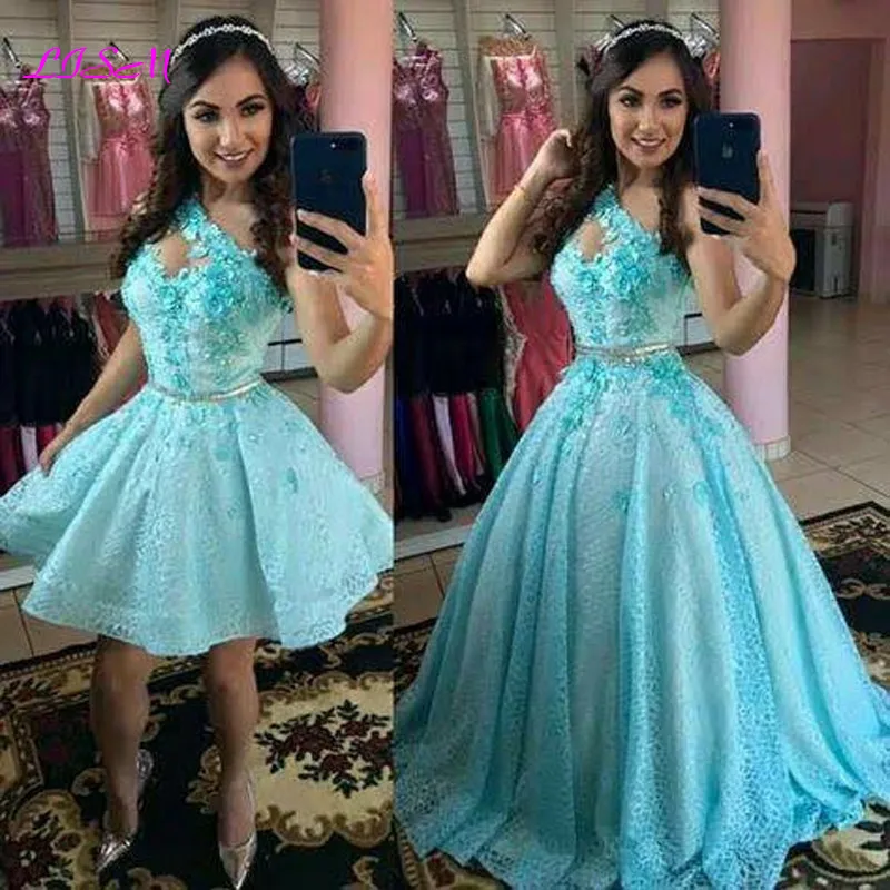 One Shoulder Lace Applique Quinceanera Dresses 2 in 1 Detachable Overskirt 3D Flowers Short Prom Party Gown 16 Sweet Girl