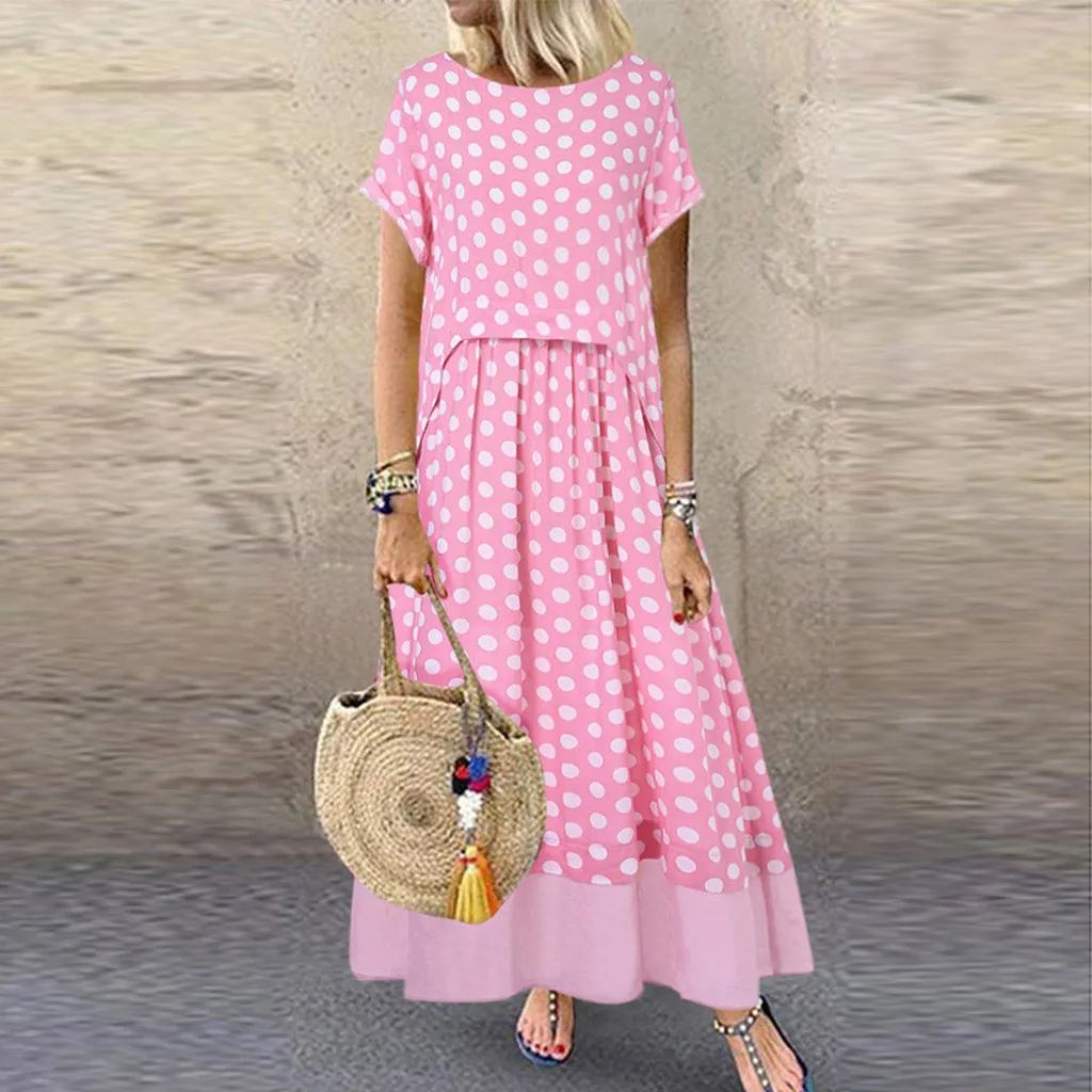 PK Women Polka Dot Print Fake Two Pieces Long Dress O-Neck Short Sleeve Summer Plus Size Maxi Dress Big Size Mid Casual Beachwear - Цвет: PK