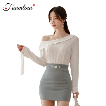 

Foamlina Korean Women Two Piece Sets 2020 Spring New Slash Neck Long Sleeve White Blouse High Waist Mini Pencil Skirt Suits