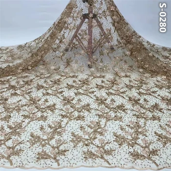 

Golden French Sequins Tulle Lace Fabric Hot Sale Nigerian Mesh Lace Fabrics 5 Yards African Lace Fabric For Wedding Party