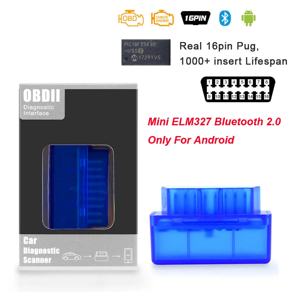 Супер Мини ELM 327 V1.5 PIC18F25K80 obd2 сканер Bluetooth ELM327 V1.5 1,5 OBD 2 OBD2 автомобильный диагностический инструмент ODB2 считыватель кодов - Цвет: Blue 1pcb Carton