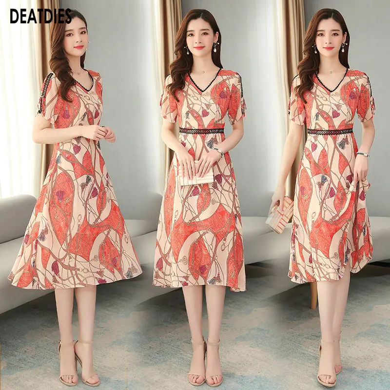 Женское шифоновое платье с принтом многоцветное коротким рукавом в Корейском