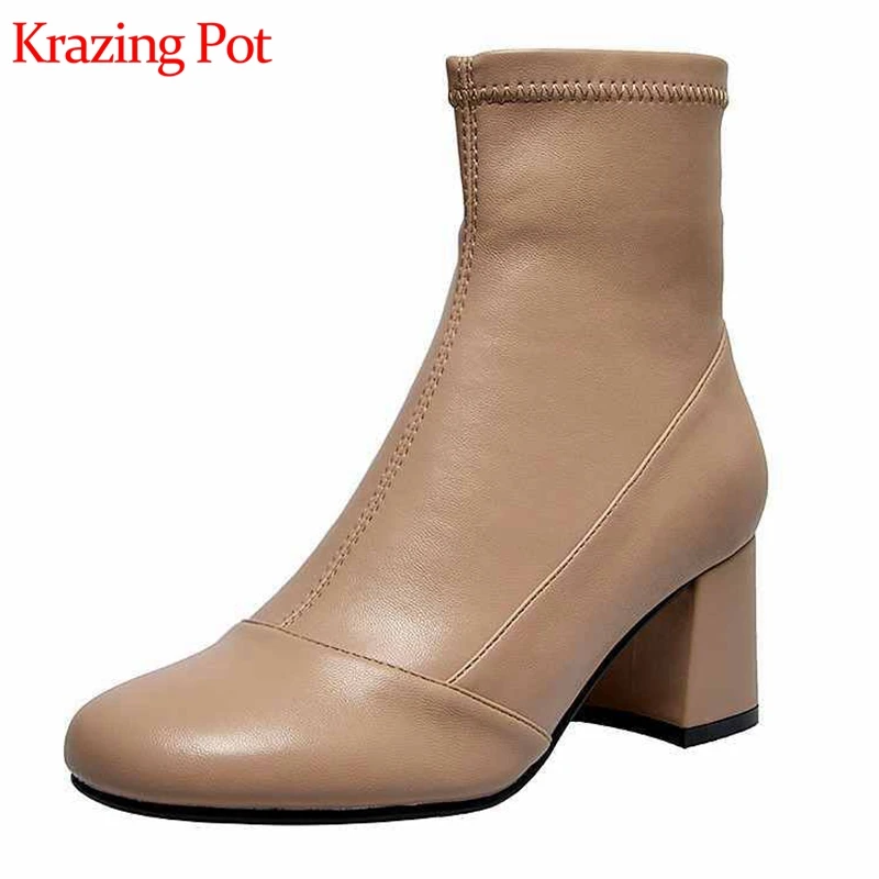 

Krazing pot 2019 stretch fabric round toe slip on high heels keep warm gentle style wholesale customer stretch ankle boots L88