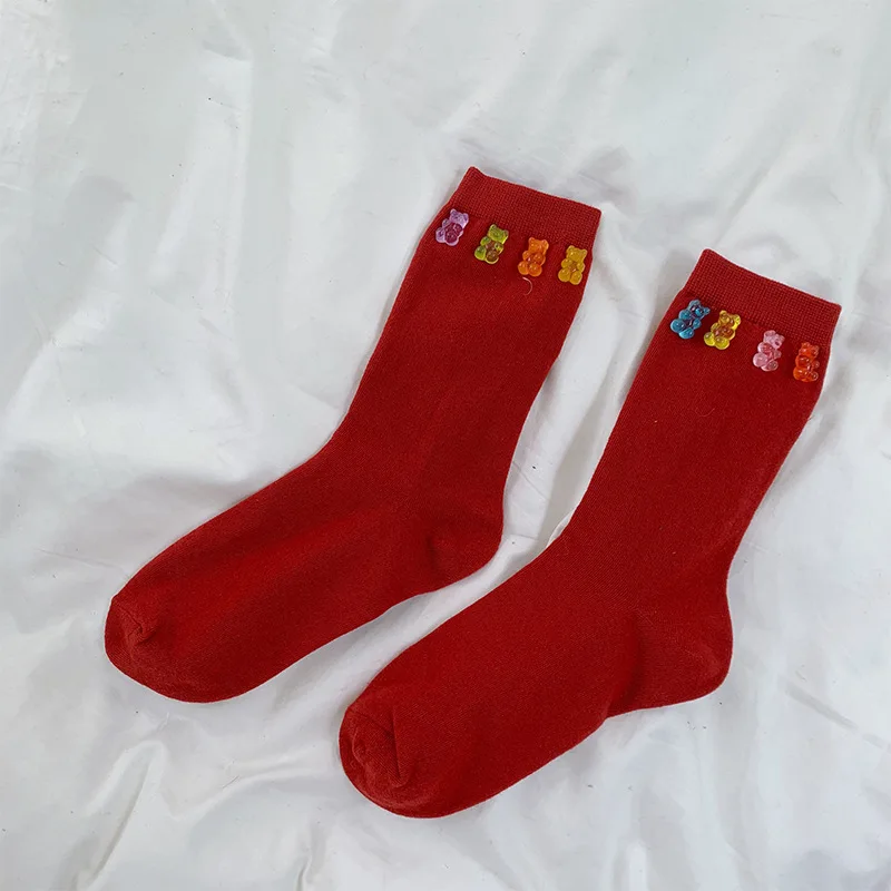 rust red SP& CITY, модные однотонные женские носки, прозрачные, с украшением в виде медведя, милые высокие носки, Хлопковые гольфы, корейские носки - Цвет: rust red