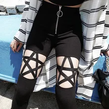 Gothic Pants Hollow Out Pentagram Black Leggings Women Pencil Pants Slim Thin High Waist Zipper Plain Cool Sexy Pants