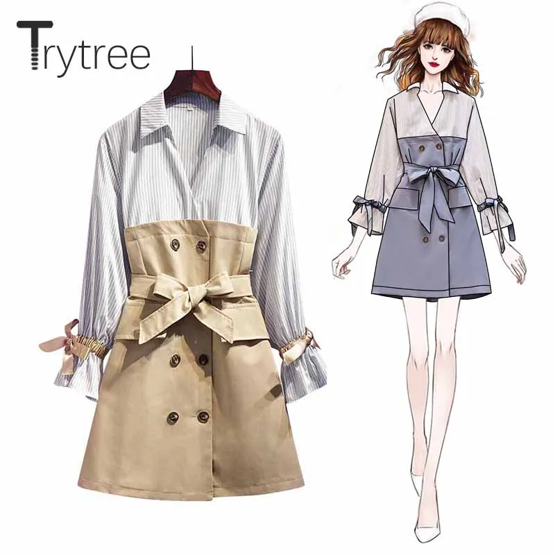 Trytree/осеннее женское Повседневное платье с отложным воротником, расклешенные рукава в полоску, двубортная поясная сумка, офисные женские платья