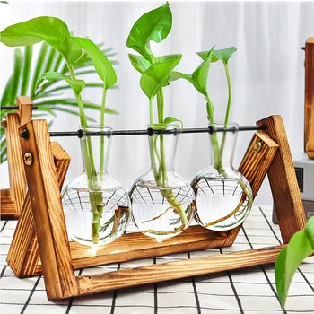 

1pc Vintage Glass Tabletop Plants Bonsai Flower Wedding Home Decorative Vase With Wood Holder Craft Tray Hydroponic Plant Vases