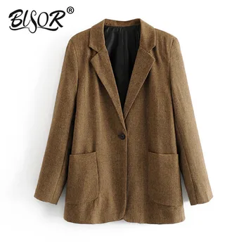 

Women Casual solid basic Suit blazer single button pockets notched collar female office wear jacket coat tops
