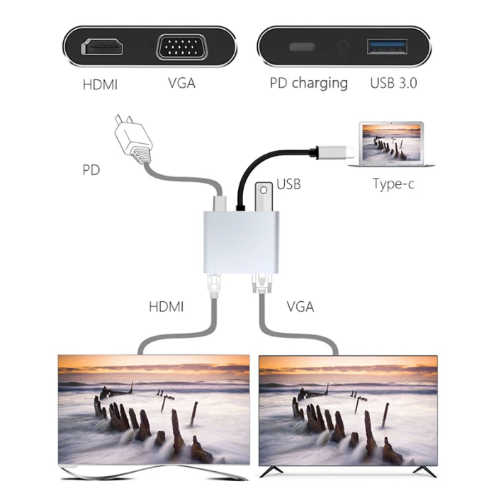 4 в 1 type-C к HDMI 4K VGA USB3.0 аудио-видео адаптер PD быстрое зарядное устройство OUJ99