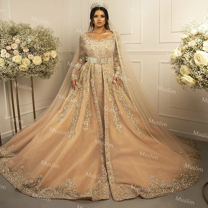 Luxus Gold Kaftan Marokkanischen Brautkleider Mit Appliques Vintage Langarm  Muslimischen Arabischen Hochzeit Kleider 2021 Prinzessin Braut|Wedding  Dresses| - AliExpress