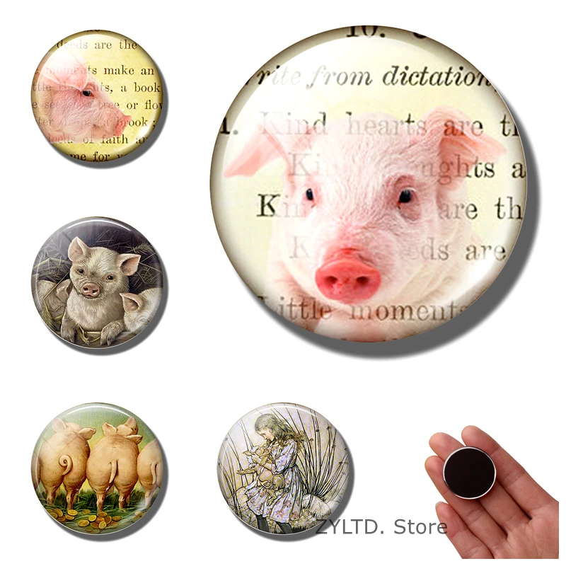 

Pig fridge magnet Animal stickers refrigerator magnets Cute Pink pig decoration message board 30MM glass Cabochon Home Decor