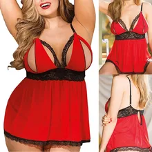 Women Lace Lingerie Sleepwear Femme Sexy Plus Szie V-Neck Sleepwear dress Nightdress Babydoll  Split Cup Sleepwear Thong Set