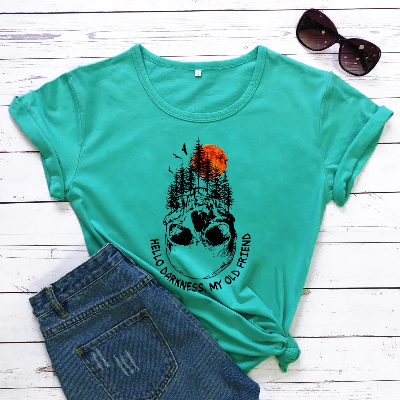 Hello Duisternis Mijn Oude Vriend Gekleurde Print T-shirt Trendy Skull Natuurlijke Grafische Tees Tops Grappige Vrouwen Wandelen Adventure Tshirt