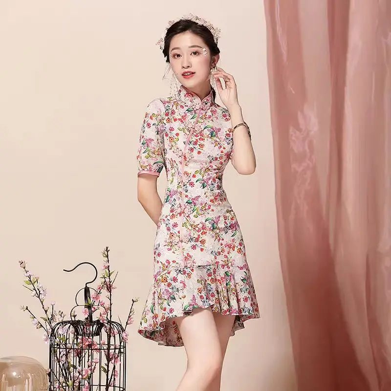 

Cheongsam 2021 New Retro improved bone etching young Chinese girl dress summer fishtail