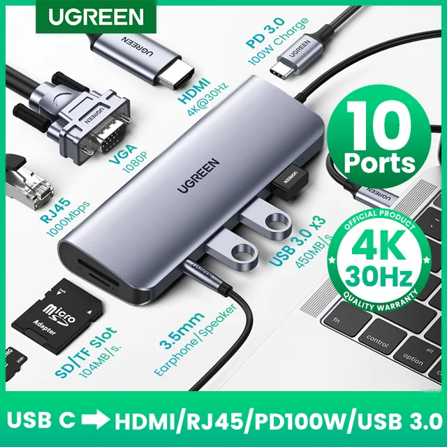 UGREEN USB C HUB 10 in 1 USB Type C to HDMI 4K USB 3.0 VGA PD 3.5mm Full  Function HUB for MacBook/Pro/Air iPad Pro USB C HUB - AliExpress