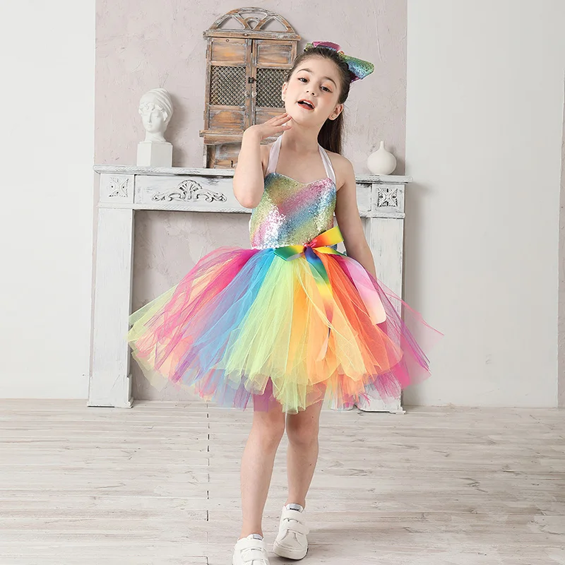 Rainbow Sequins Girl Princess Tutu Dress Kids Wedding Birthday Party Pageant Tulle Dresses Vestidos Children Bow Clothing (1)