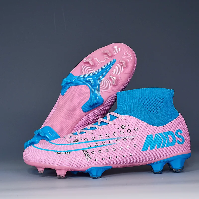 pink long spikes Мужские футбольные бутсы для помещений, футбольные бутсы с высоким берцем, футбольные бутсы для мужчин, оригинальные футбольные бутсы для детей - Цвет: pink long spikes