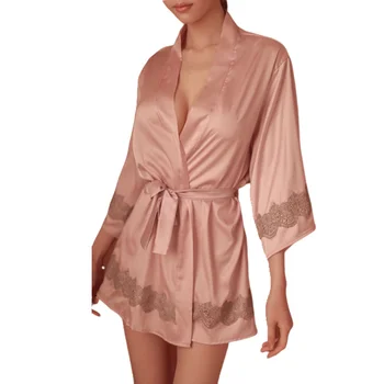 

Women Sexy Nightgown Exquisite Embroidered Lace Stretch Silk Seven-Sleeve Comfortable Sexy Women's Sleepwear Short