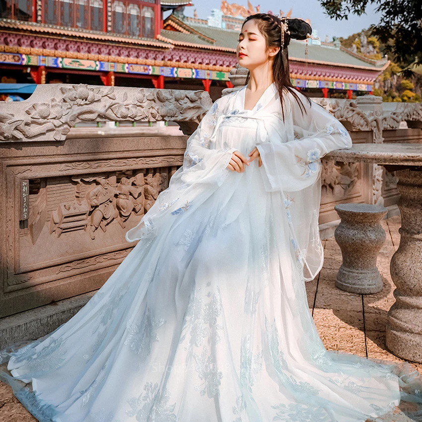 Hanfu Женский костюм для китайского традиционного танца, костюмы древней феи, элегантное платье с вышивкой в народном стиле, ретро, для сцены, новогодний, праздничный наряд