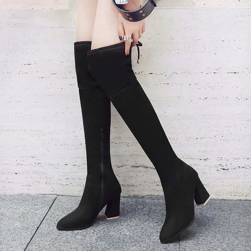 Большие размеры 33-43, женские ботфорты выше колена зимние сапоги до бедра на высоком каблуке 8,5 см женские ботфорты на квадратном каблуке синего цвета - Цвет: Черный