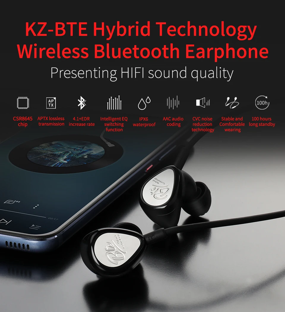 KZ BTE APTX беспроводная Bluetooth гарнитура 1BA+ 1DD гибридные наушники портативные HIFI водонепроницаемые IPX6 гарнитура Sprots наушники микрофон APT-X