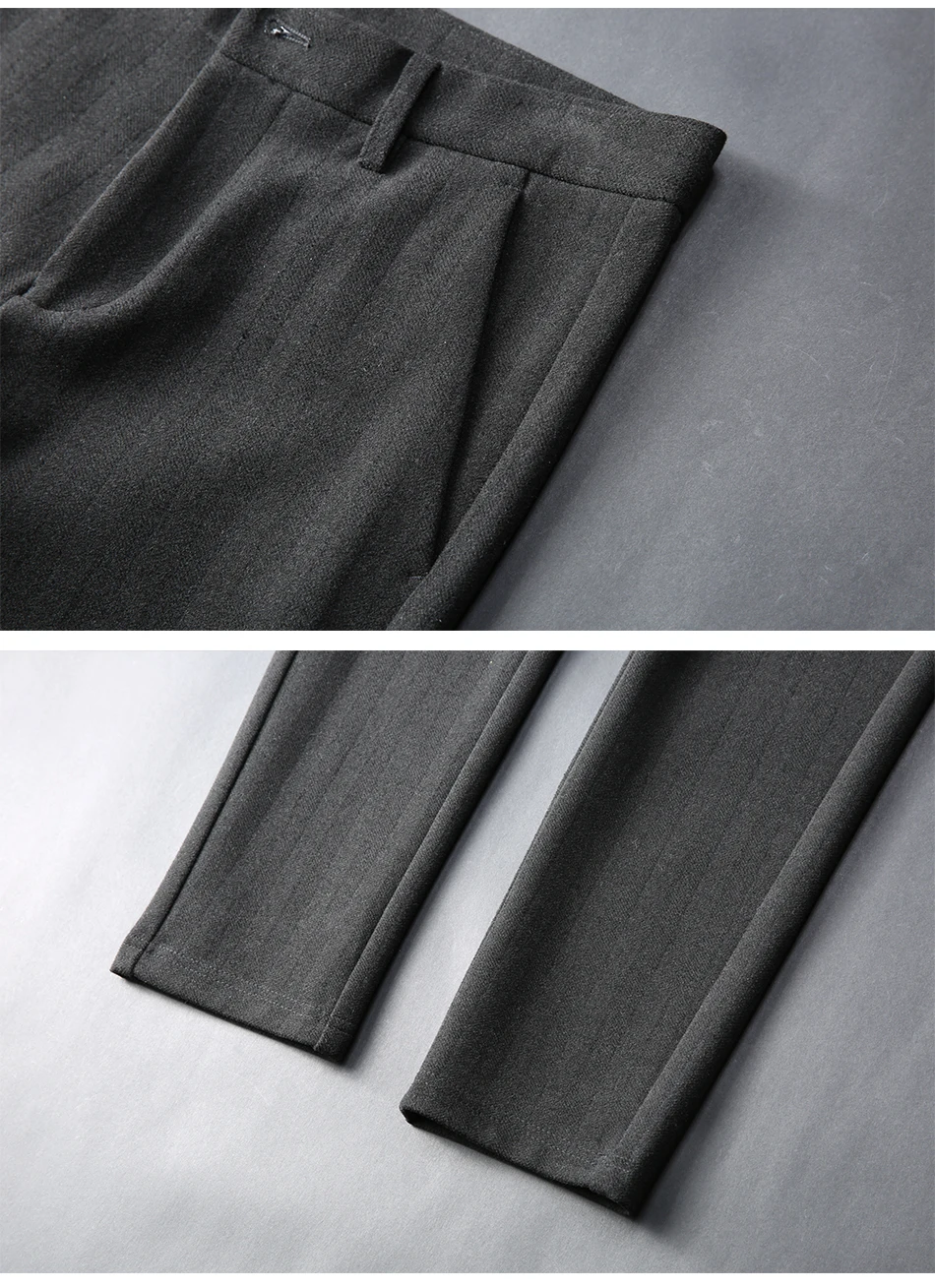 Men's casual trousers men's autumn and winter slim stretch frosted trousers slim business striped trousers men's thick trousers
