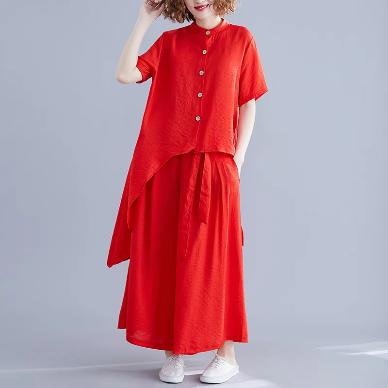 

2019 Summer New Style Retro Loose Cotton Linen Solid Color Irregular Short-sleeved Shirt + Elastic Waist Loose Pants Two-Piece S