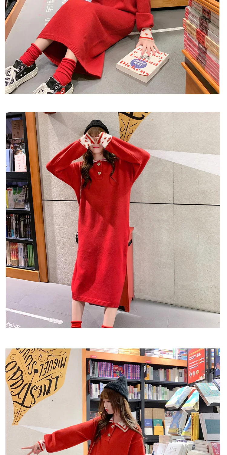 Новое модное платье-свитер для женщин осень зима корейское свободное Harajuku длинное вязаное платье V1081
