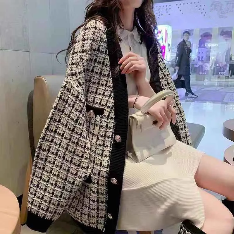 Best Price Plaid Women's Knit Cardigan Jacket College Style Loose Large Size 2019 Spring/Autumn New Knit Jacket Colorblock Joker Cardigan