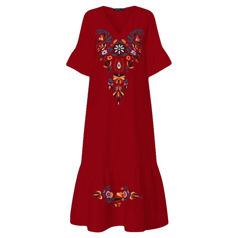 Богемное Макси-Платье с принтом, ZANZEA, женский сарафан, летнее Повседневное платье с v-образным вырезом и оборками, женское платье с коротким рукавом и цветочным рисунком - Цвет: Красный