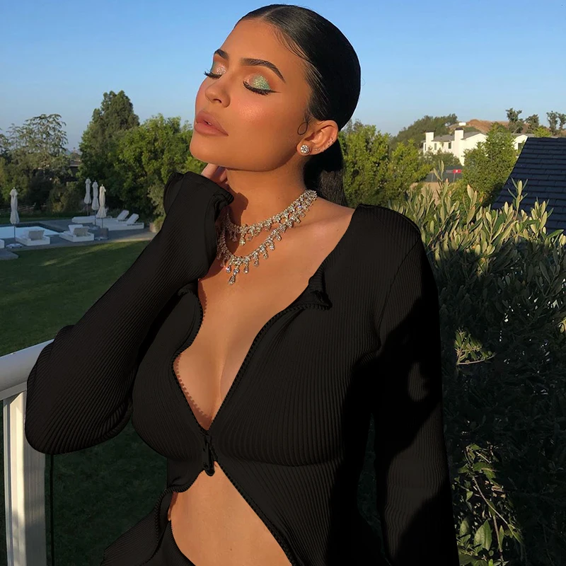 Kylie Jenner Outfits White Black Zip Up T-shirt Ribbed Knitted Long Sleeve Strech Irregular Casual Sexy Women Autumn Tops Streetwear - kylie-jenner-outfits
