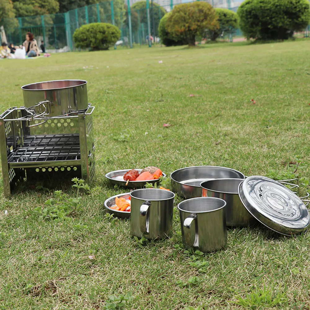 Hike Tool Cooking Picnic Pot Tableware Stainless Steel Silver Suit Survival Outdoor Pot 8pcs Bowl Camping Cookware Strong Camp
