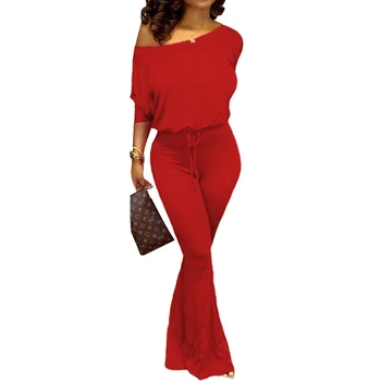 

Solid Slash Neck Casual Two Piece Sets Off Shoulder Batwing Long Sleeve Top Bandage Wide legs Streetwear Red Autumn Rompers