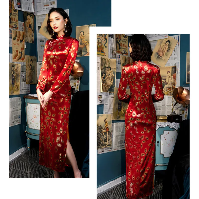 SHENG COCO Chinese китайские платья с длинными рукавами Cheongsam Qipao велюровое позолоченное платье в китайском стиле в стиле ретро женское платье с хвостом павлина Chipao