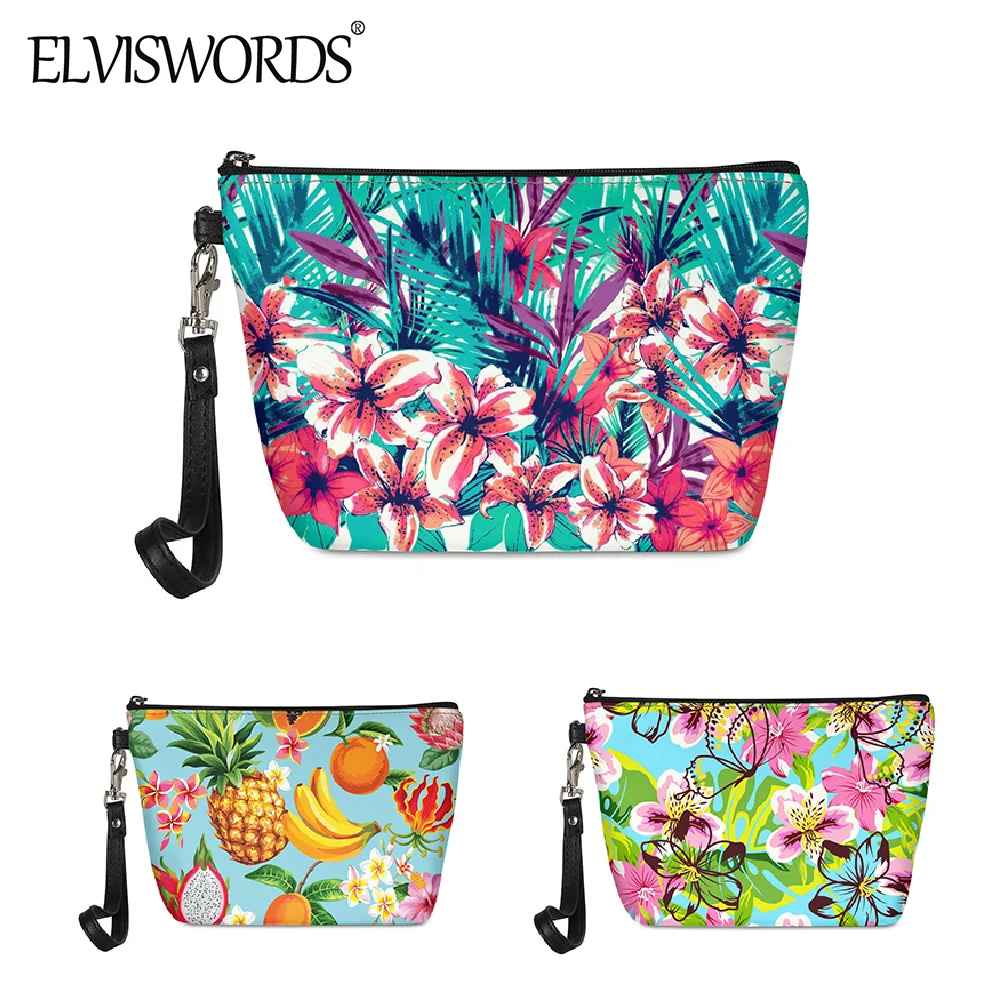 

ELVISWORDS Tropical Style Women Makeup Bag Lovely Flowers Pineapple Pattern Toiletry bag Lady PU Leather Cosmetic Case mujer