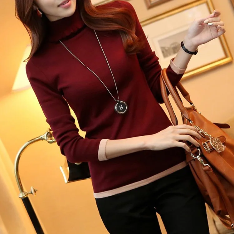 

2019 autumn winter high collar sweater new Korean style tight turtleneck sweater knit warm stretch shirt sweaters ladies