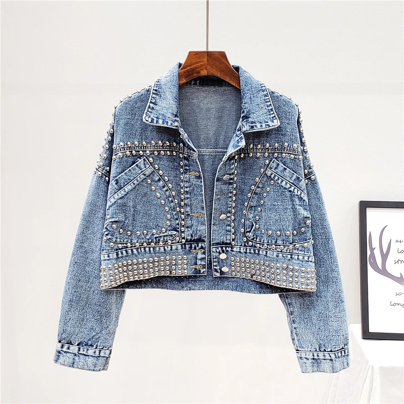 

Short denim jacket female 2019 autumn new heavy rivet loose wild student jacket