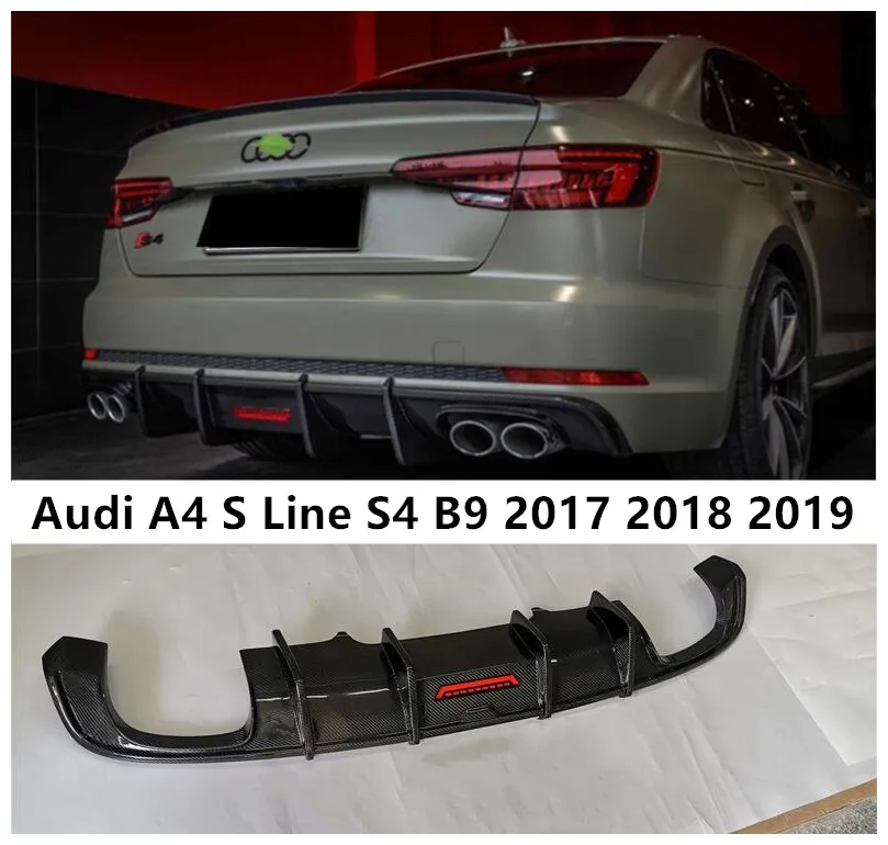 

Диффузор для заднего бампера Audi A4 S Line S4 B9 2017 2018 2019 2020, спойлер для двери багажника из настоящего углеродного волокна (светодиодный светильник Кой)