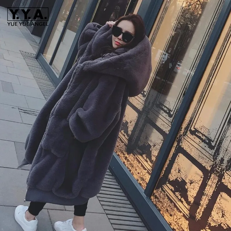 Зимние толстые теплые женские пальто из искусственного меха кролика рекс с капюшоном модные повседневные свободные Карманы Уличная Женская Длинная Верхняя одежда