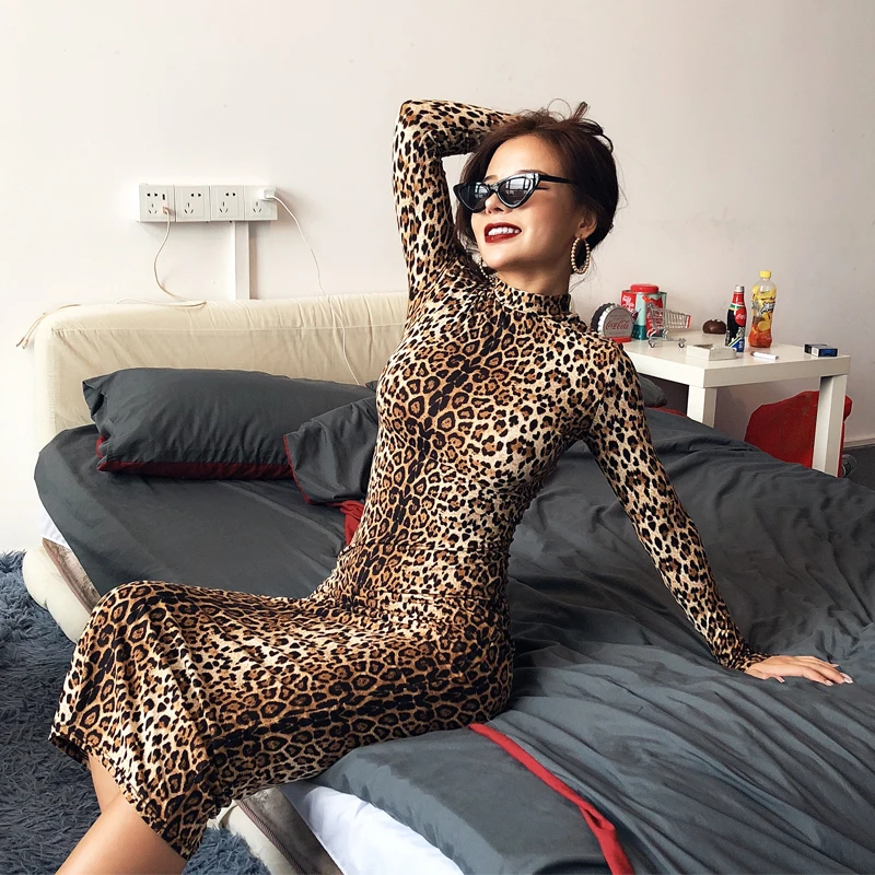 Hugcitar Леопардовый принт с длинным рукавом облегающее сексуальное платье 2019 осень зима женские уличные вечерние праздничные платья наряды
